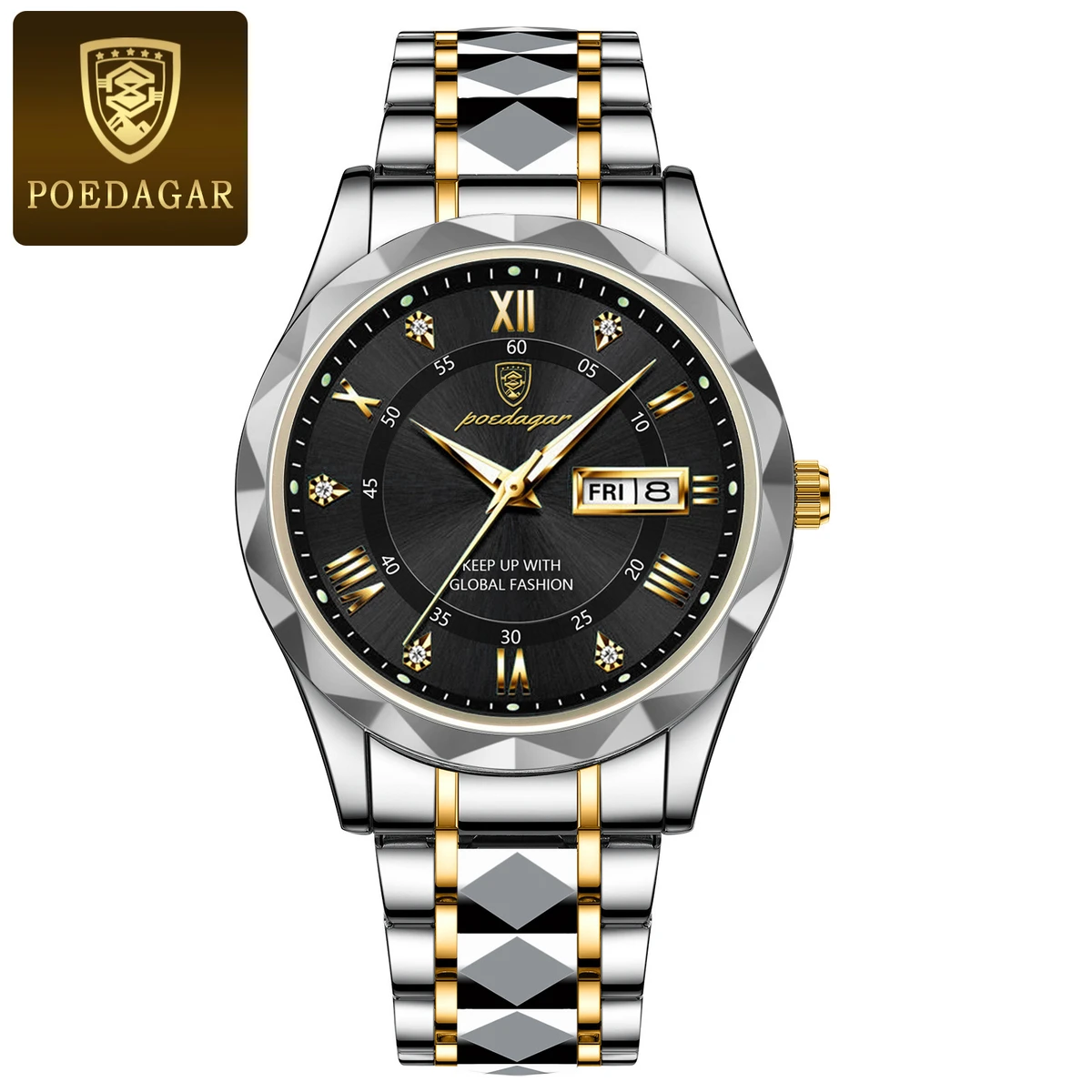 POEDAGAR Brand Fashion Mens Watch Luxury Top Business Stainless Steel Waterproof Wristwatches Male Sport Luminous Date Man Clock- Silver & Black