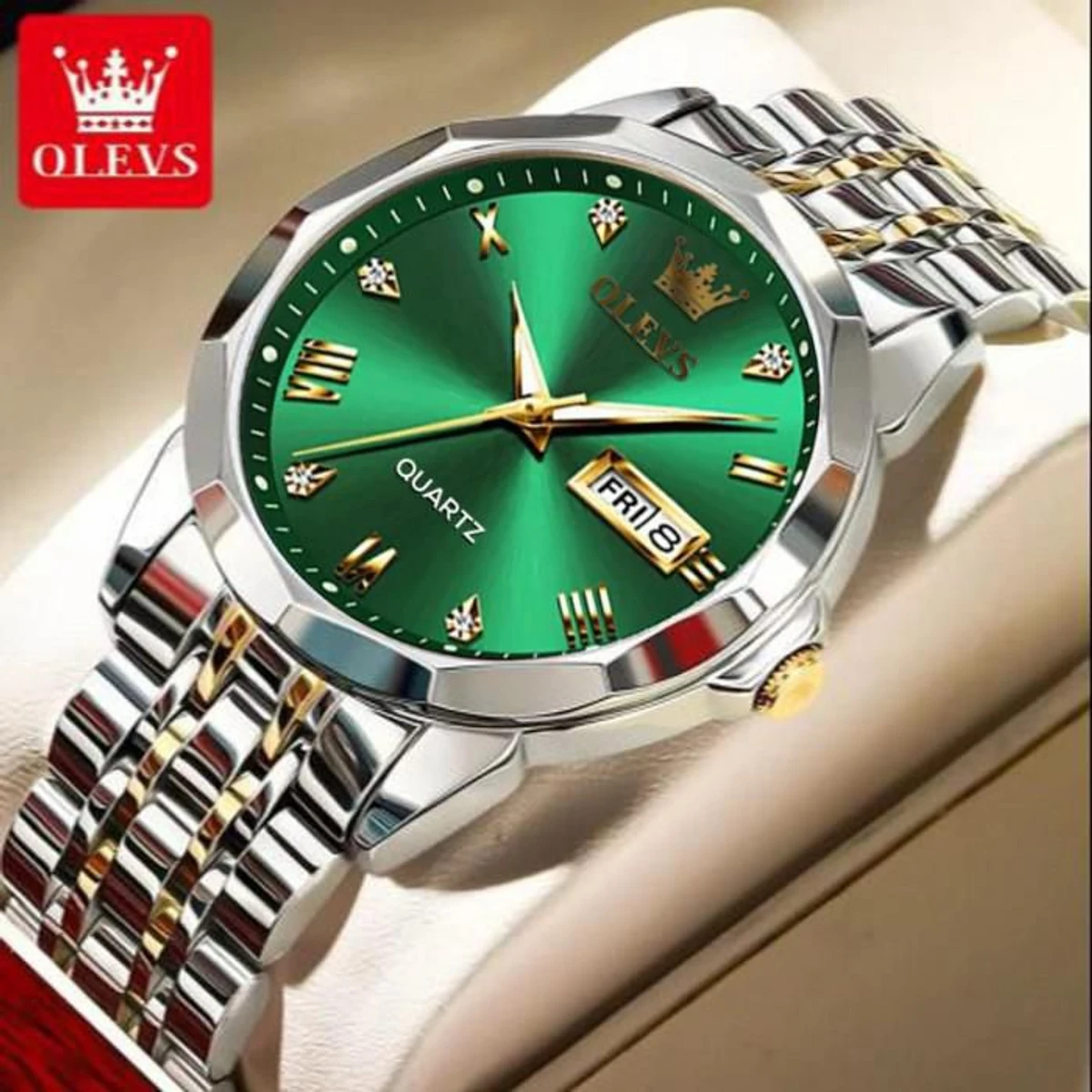 OLEVS 9931 Quartz Watch For Men Rhombus Mirror Stainless Steel Waterproof Date Week Clock Simplicity Luxury Men's Wristwatch- Green