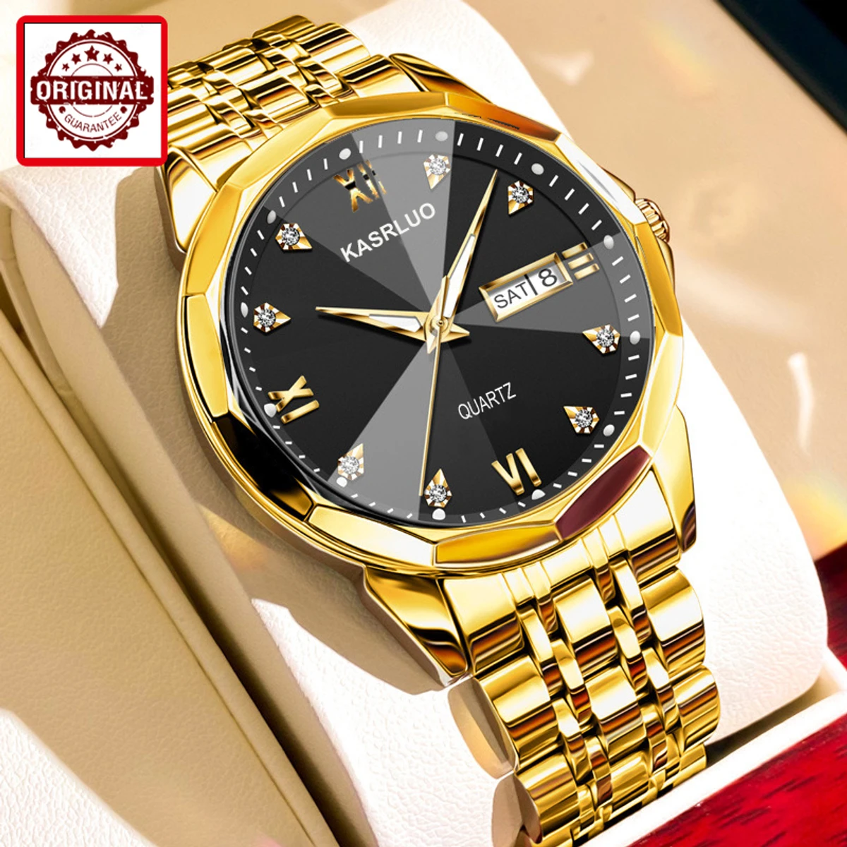 OLEVS 9931 Quartz Watch For Men Rhombus Mirror Stainless Steel Waterproof Date Week Clock Simplicity Luxury Men's Wristwatch- Golden & Black