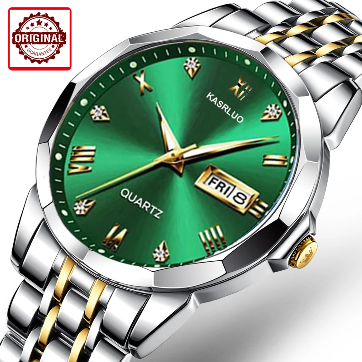 KASRLUO New Fashion Quartz Watch for Men Stainless Steel Waterproof Luminous Date Mens Watches Top Brand Luxury Clock- Green