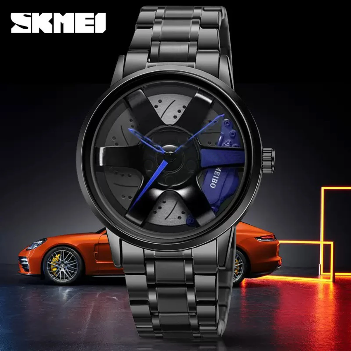 New 3D Real Man Waterproof Rotate Quartz Watches Super Car Rim Spinning Men's Sports 360 Wheel Wristwatch For Men Clock- Blue & Black
