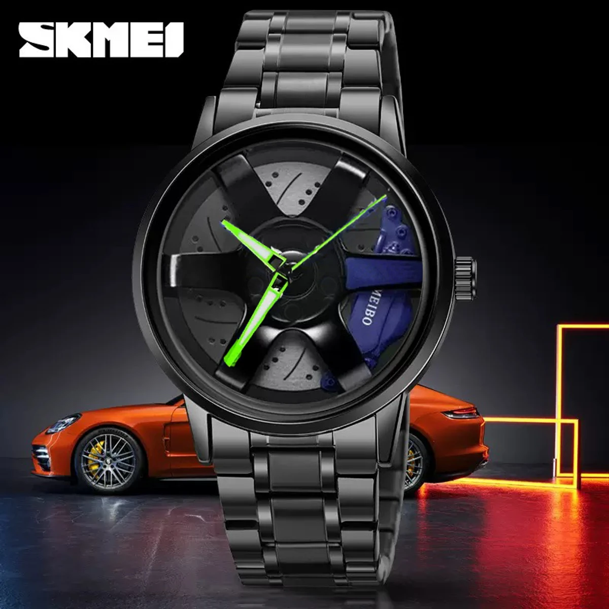 New 3D Real Man Waterproof Rotate Quartz Watches Super Car Rim Spinning Men's Sports 360 Wheel Wristwatch For Men Clock- Blue & Black