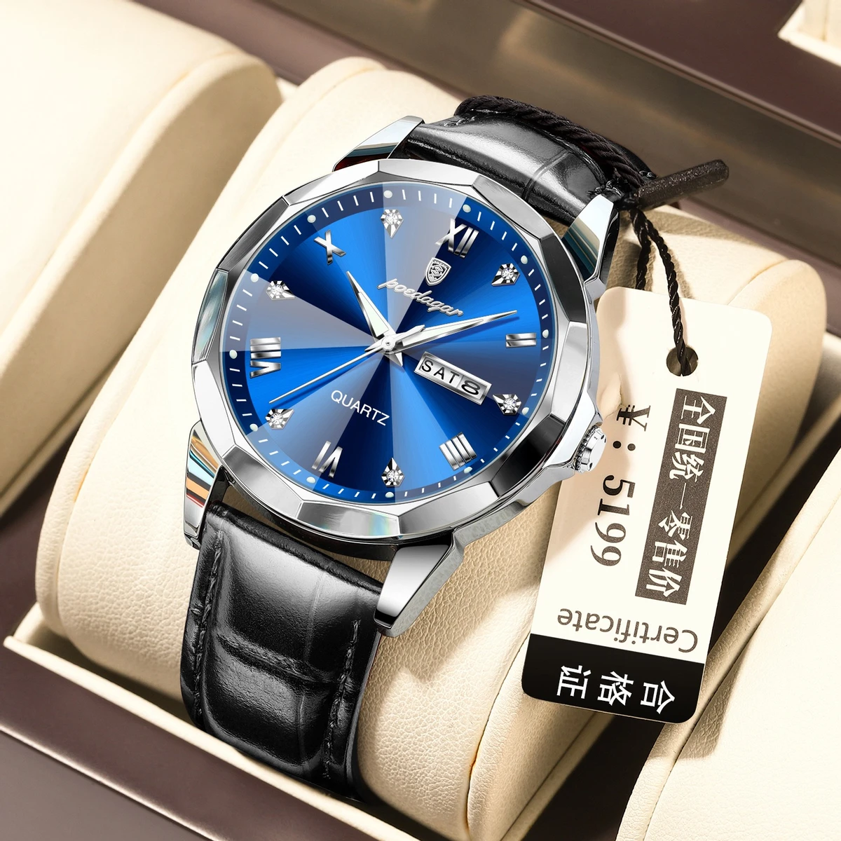 POEDAGAR 810 Luxury Man Wristwatch High Quality Quartz Sports Business Men Watch Waterproof Luminous Date Week Leather Men's Watches- Silver & Blue