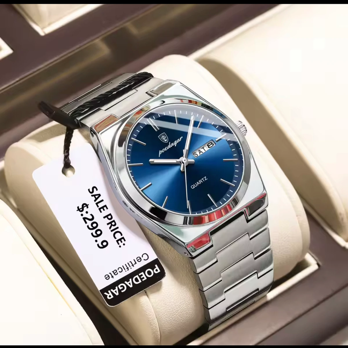 POEDAGAR 930 Business Waterproof Luminous Steel Square Quartz Men Watch- Blue