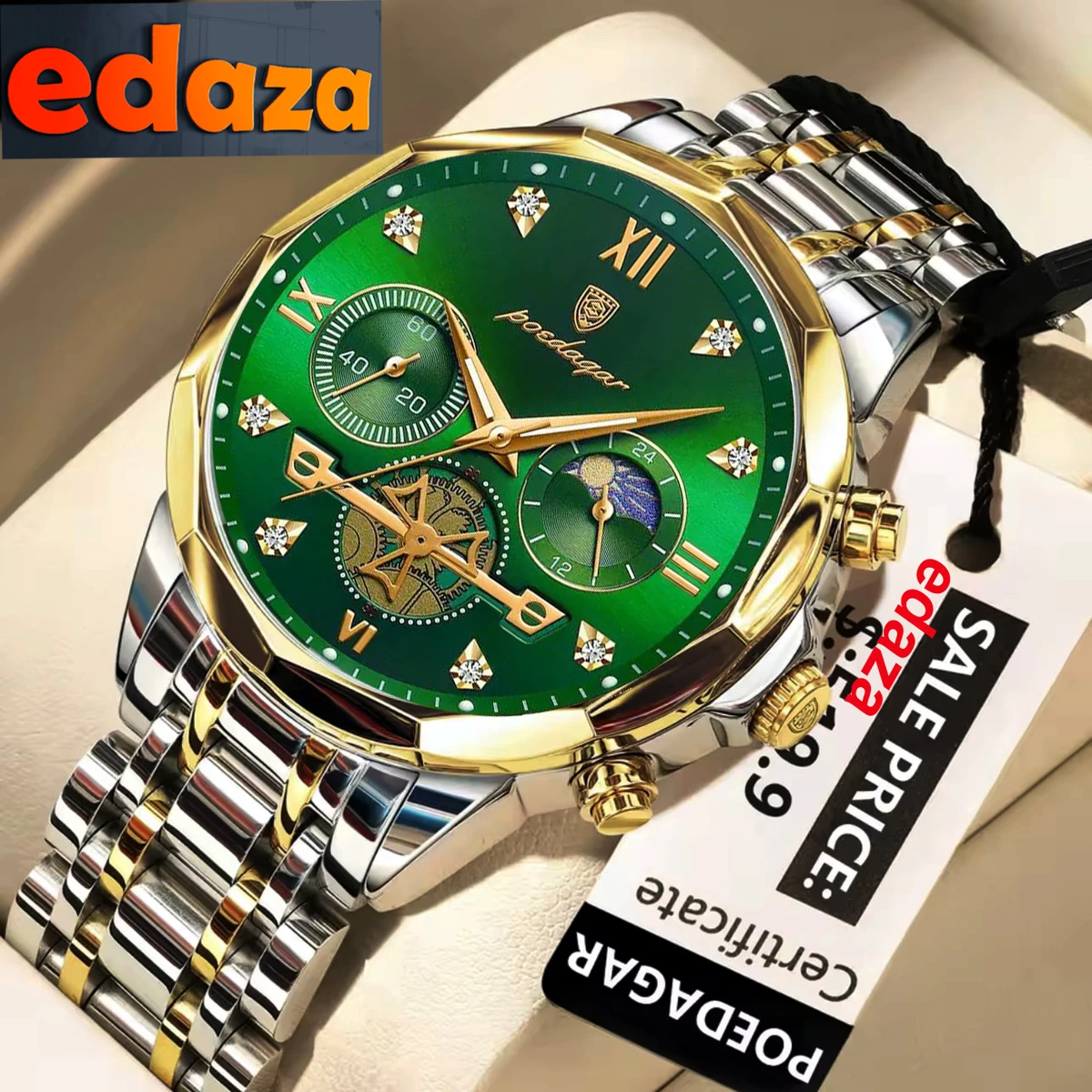 Poedagar con New Luxury Watch For Men Stainless Steel Waterproof Business Sport Wristwatches- Green