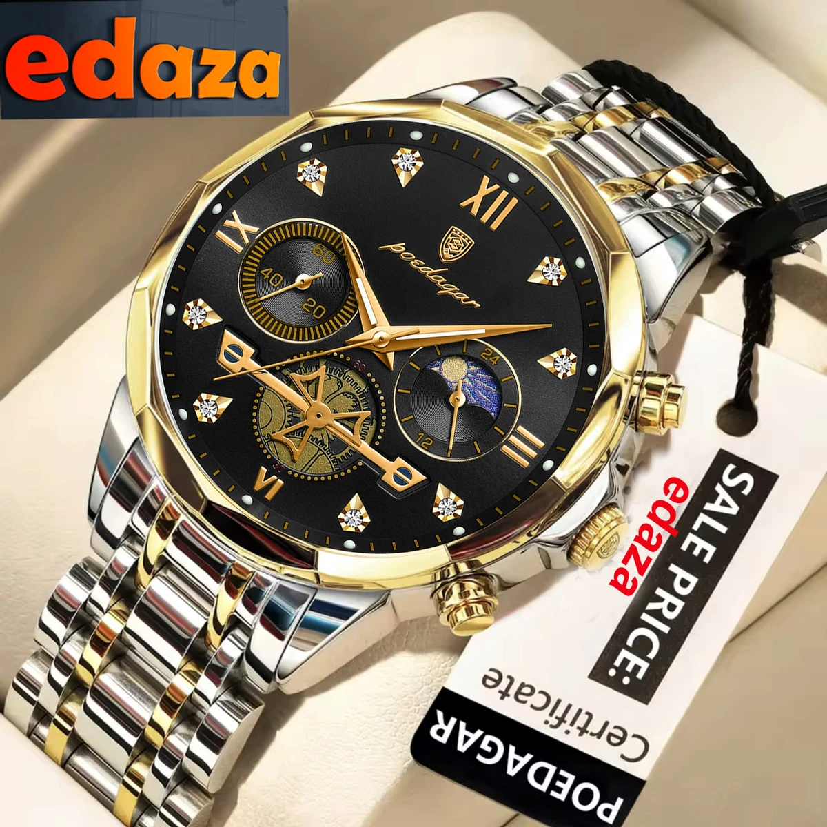 Poedagar con New Luxury Watch For Men Stainless Steel Waterproof Business Sport Wristwatches- Black & Golden