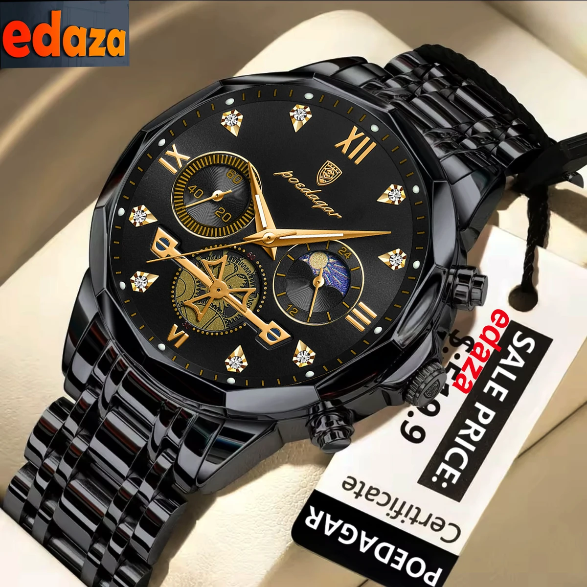 Poedagar con New Luxury Watch For Men Stainless Steel Waterproof Business Sport Wristwatches-  Black