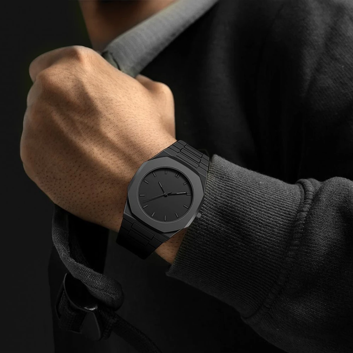 Arabic Digital Plastic Carbon Fiber body Strap Quartz Men's Watch Casual Waterproof - Black