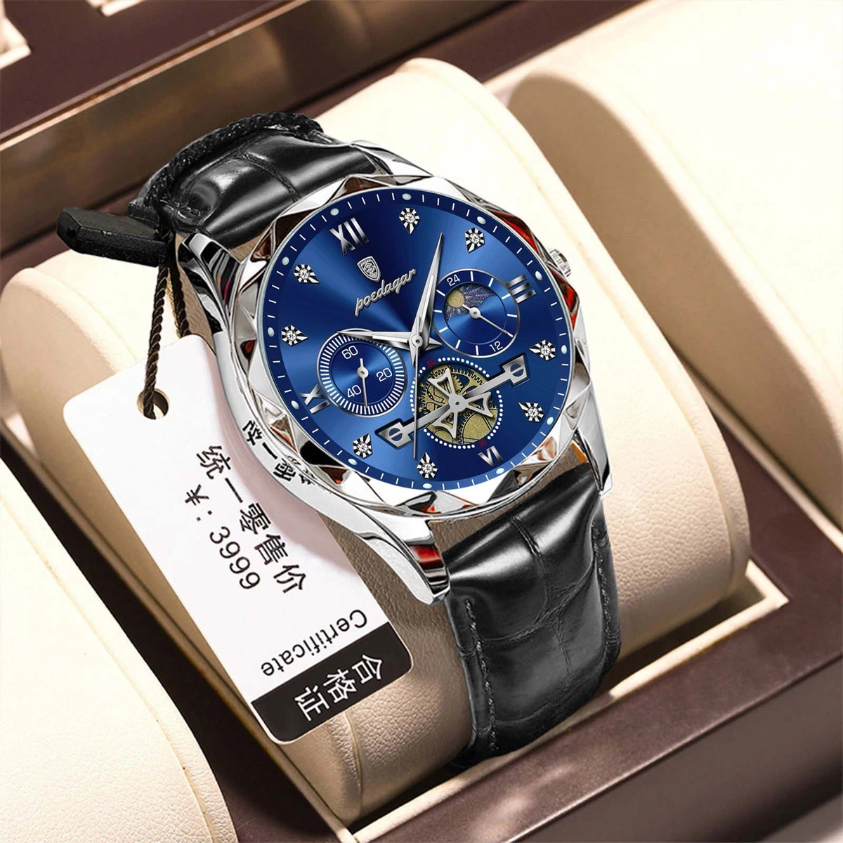 POEDAGAR Con belt Luxury Watch for Men Leather Man Wristwatch Quartz- Blue & Silver
