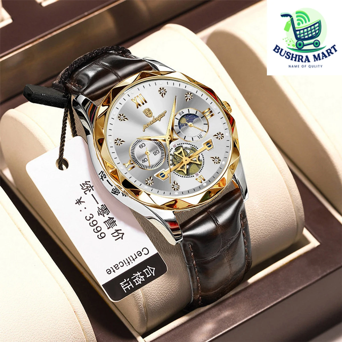 POEDAGAR Con belt Luxury Watch for Men Leather Man Wristwatch Quartz- Silver