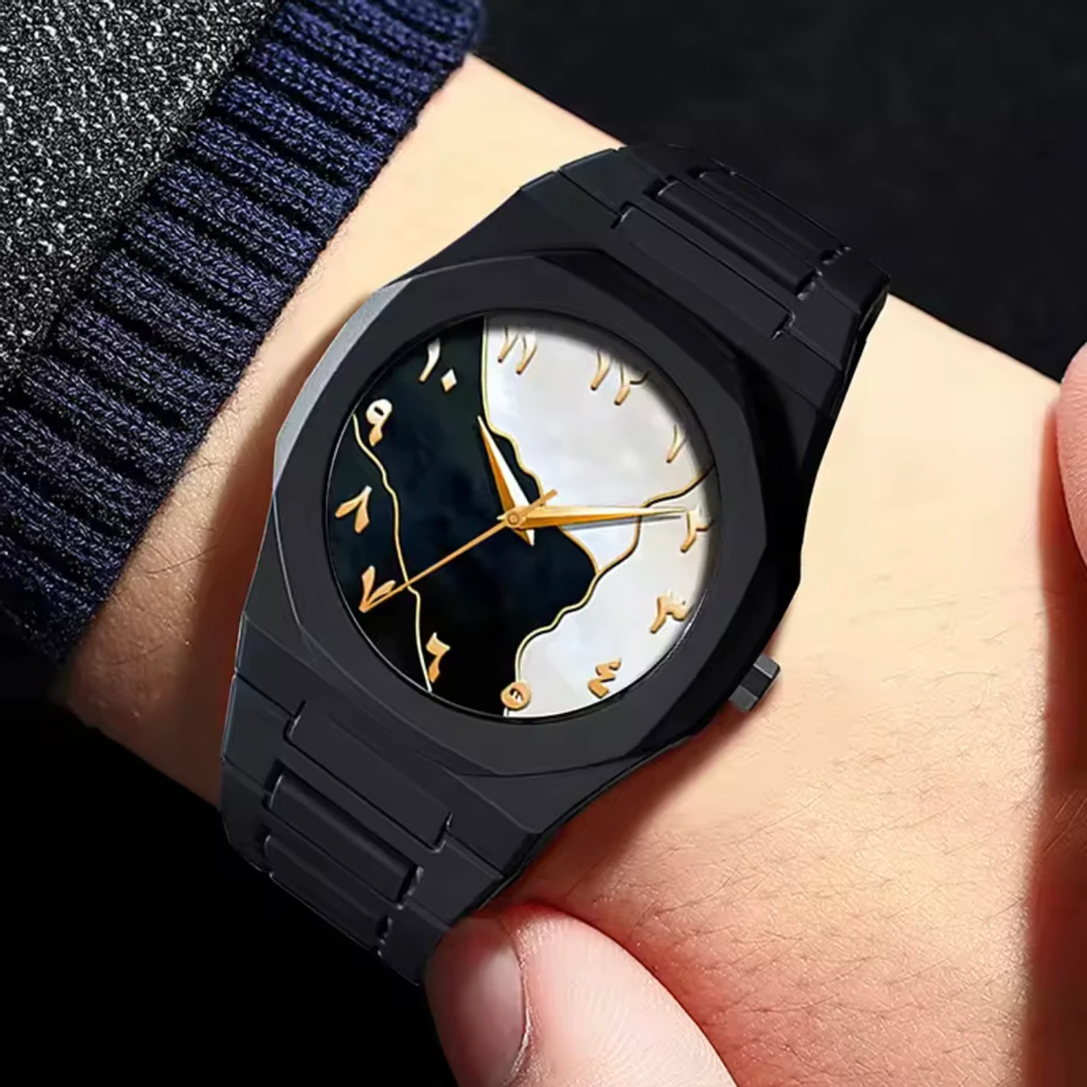 Arabic Digital Plastic Carbon Fiber body Strap Quartz Men's Watch Casual Waterproof - Black & Silver
