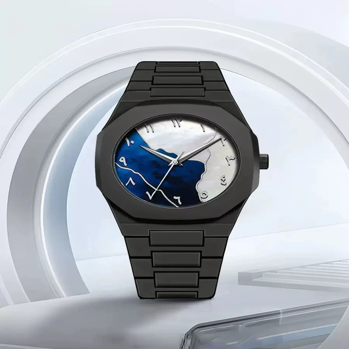 Arabic Digital Plastic Carbon Fiber body Strap Quartz Men's Watch Casual Waterproof - Black & Blue
