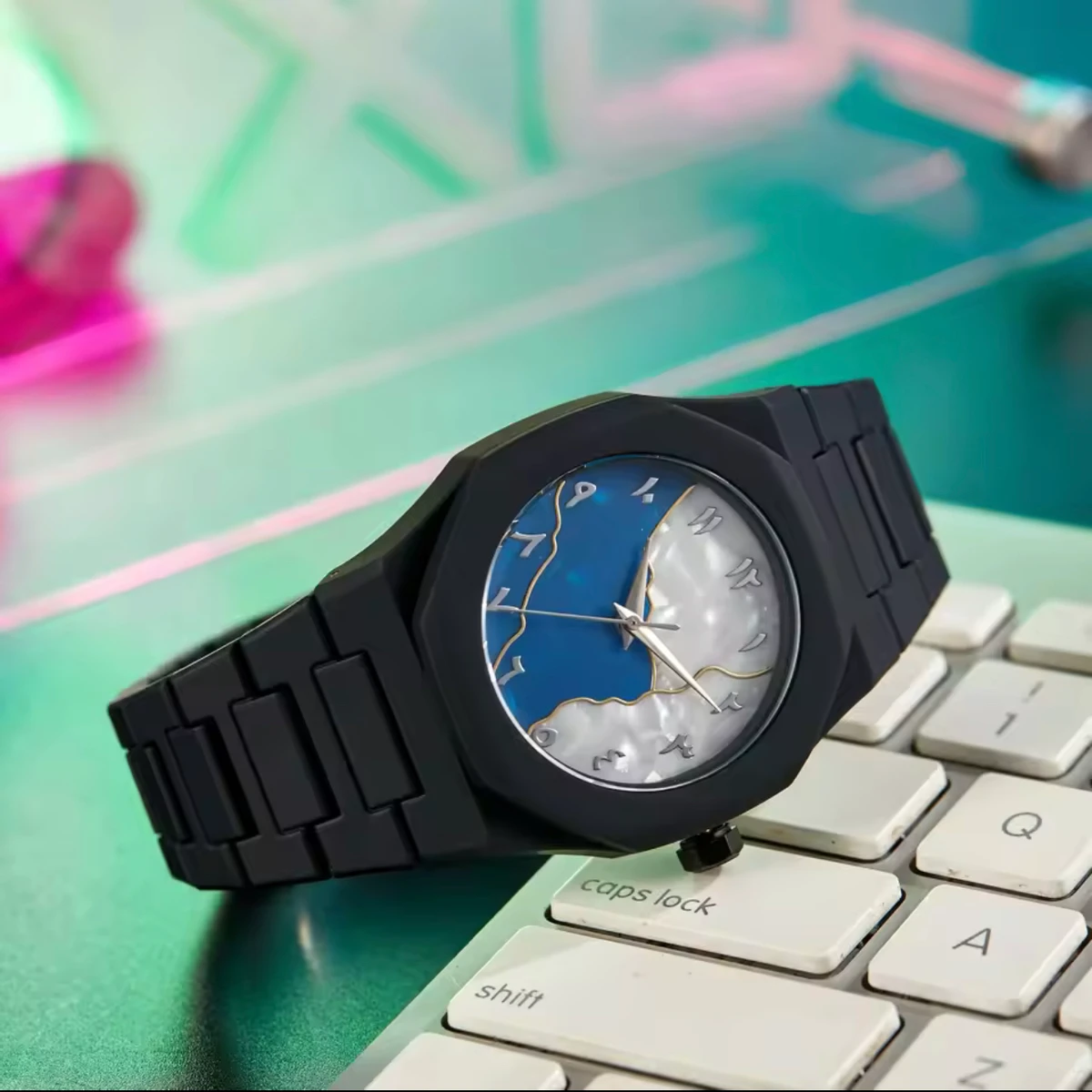Arabic Digital Plastic Carbon Fiber body Strap Quartz Men's Watch Casual Waterproof - Black & Blue