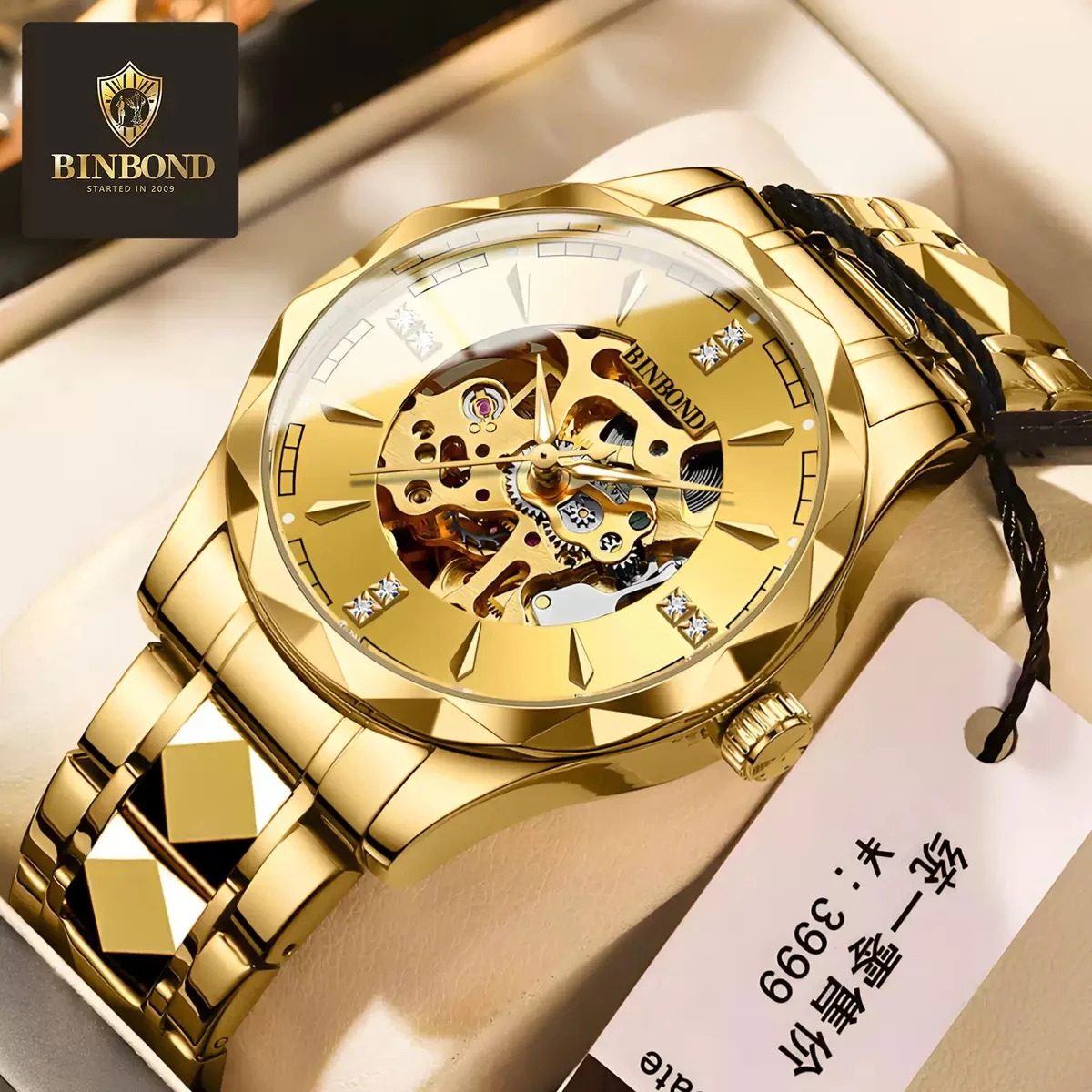 New Binbond J5059 Luxury Watch For Men Stainless Steel Waterproof Business Sport Wristwatches- Golden