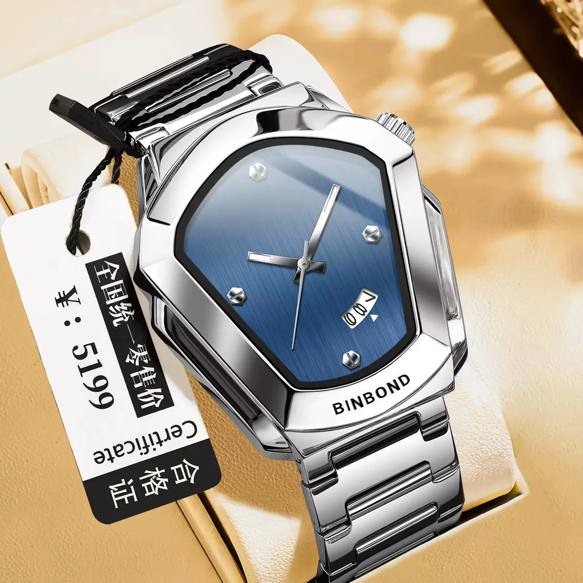 Binbond W00118 Diamond Shaped Men Business Trend High-quality Steel Strip Waterproof Male Fashion Quartz Clock Couple Watches Gift- Silver & Blue