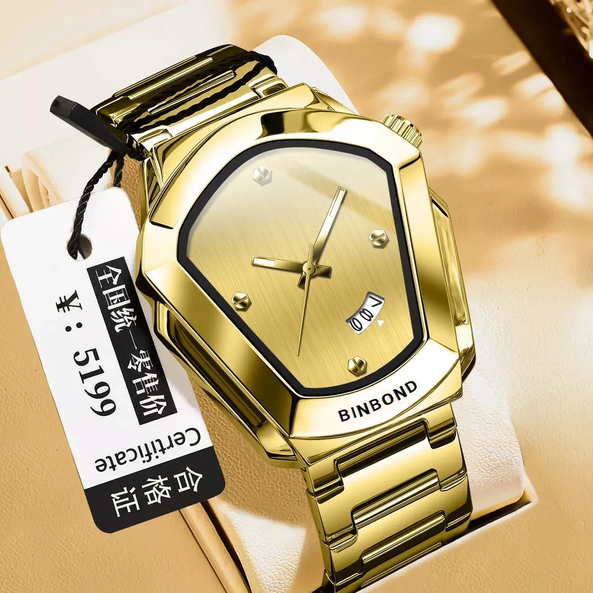 Binbond W00118 Diamond Shaped Men Business Trend High-quality Steel Strip Waterproof Male Fashion Quartz Clock Couple Watches Gift- Golden