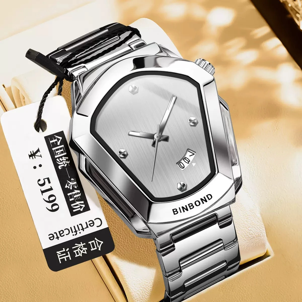 Binbond W00118 Diamond Shaped Men Business Trend High-quality Steel Strip Waterproof Male Fashion Quartz Clock Couple Watches Gift- Silver