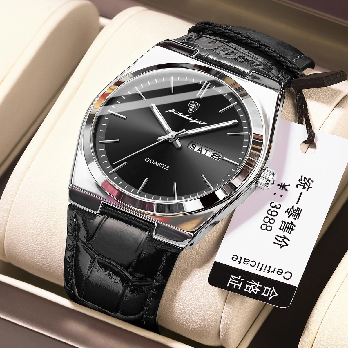 POEDAGAR 930 belt Luxury Watch for Men Leather Man Wristwatch Quartz- Silver & Black