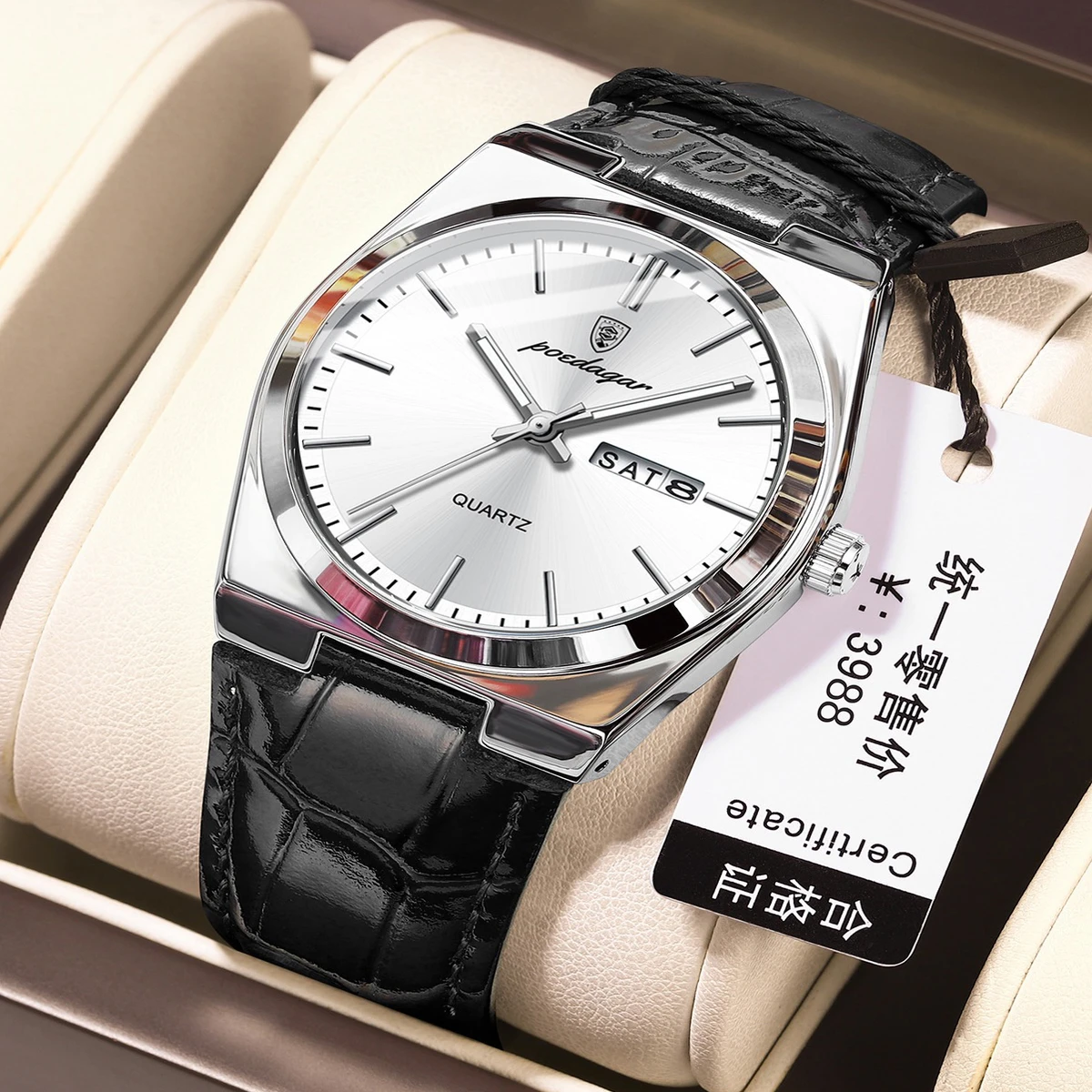 POEDAGAR 930 belt Luxury Watch for Men Leather Man Wristwatch Quartz- Silver & Black