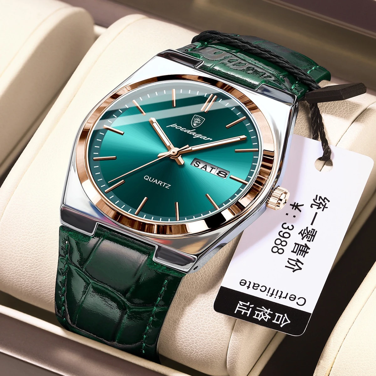 POEDAGAR 930 belt Luxury Watch for Men Leather Man Wristwatch Quartz- Green