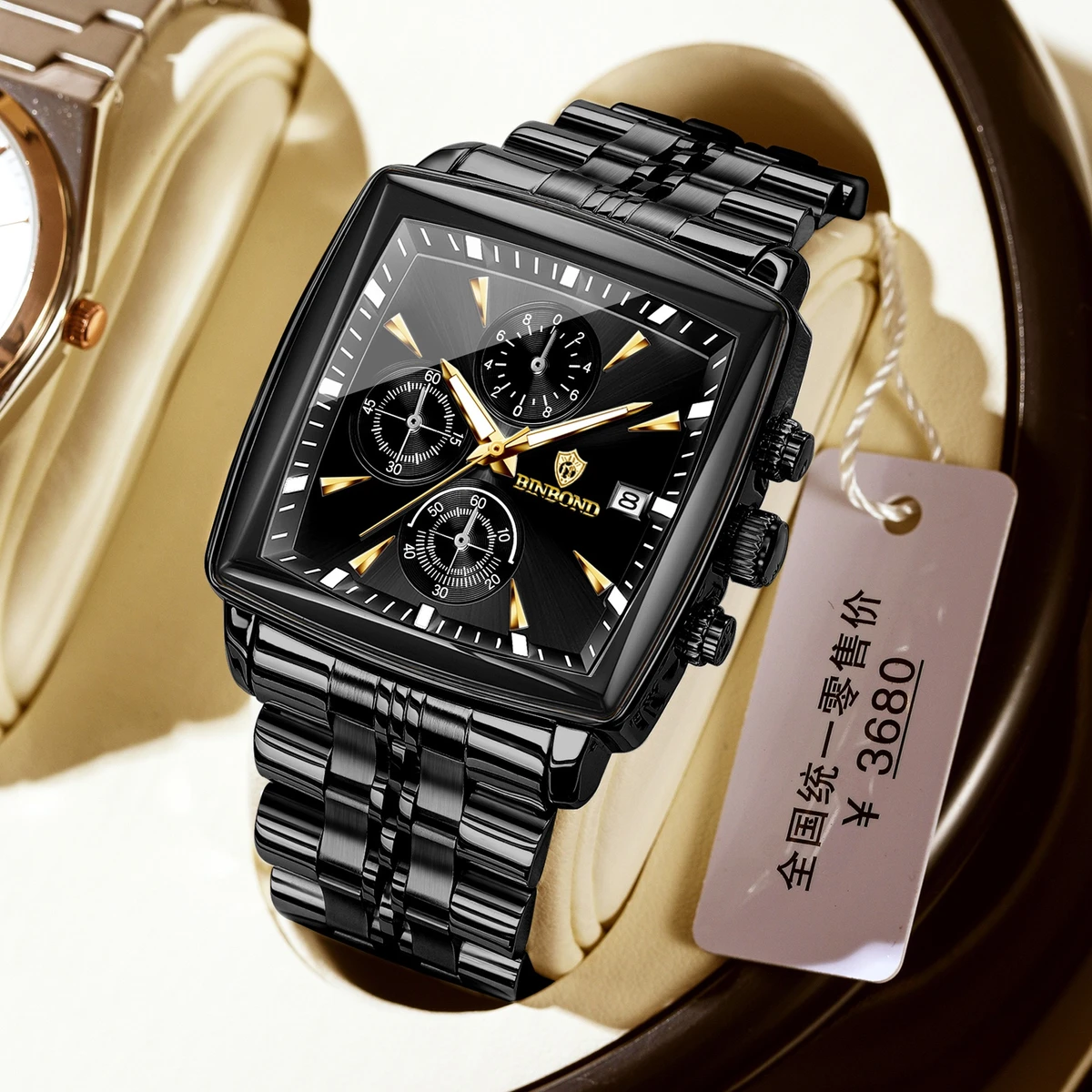 BINBOND W0094 Luxury Business Man Wristwatch Non active Chronograph Waterproof Luminous Calendar Watch For Men Square Quartz Men's Watches - Black