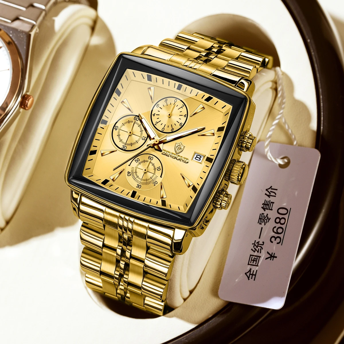 BINBOND W0094 Luxury Business Man Wristwatch Non active Chronograph Waterproof Luminous Calendar Watch For Men Square Quartz Men's Watches - Golden