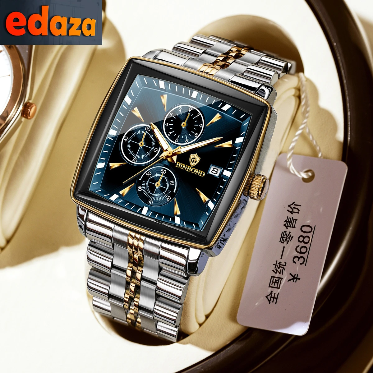 BINBOND W0094 Luxury Business Man Wristwatch Non active Chronograph Waterproof Luminous Calendar Watch For Men Square Quartz Men's Watches -Green & Golden