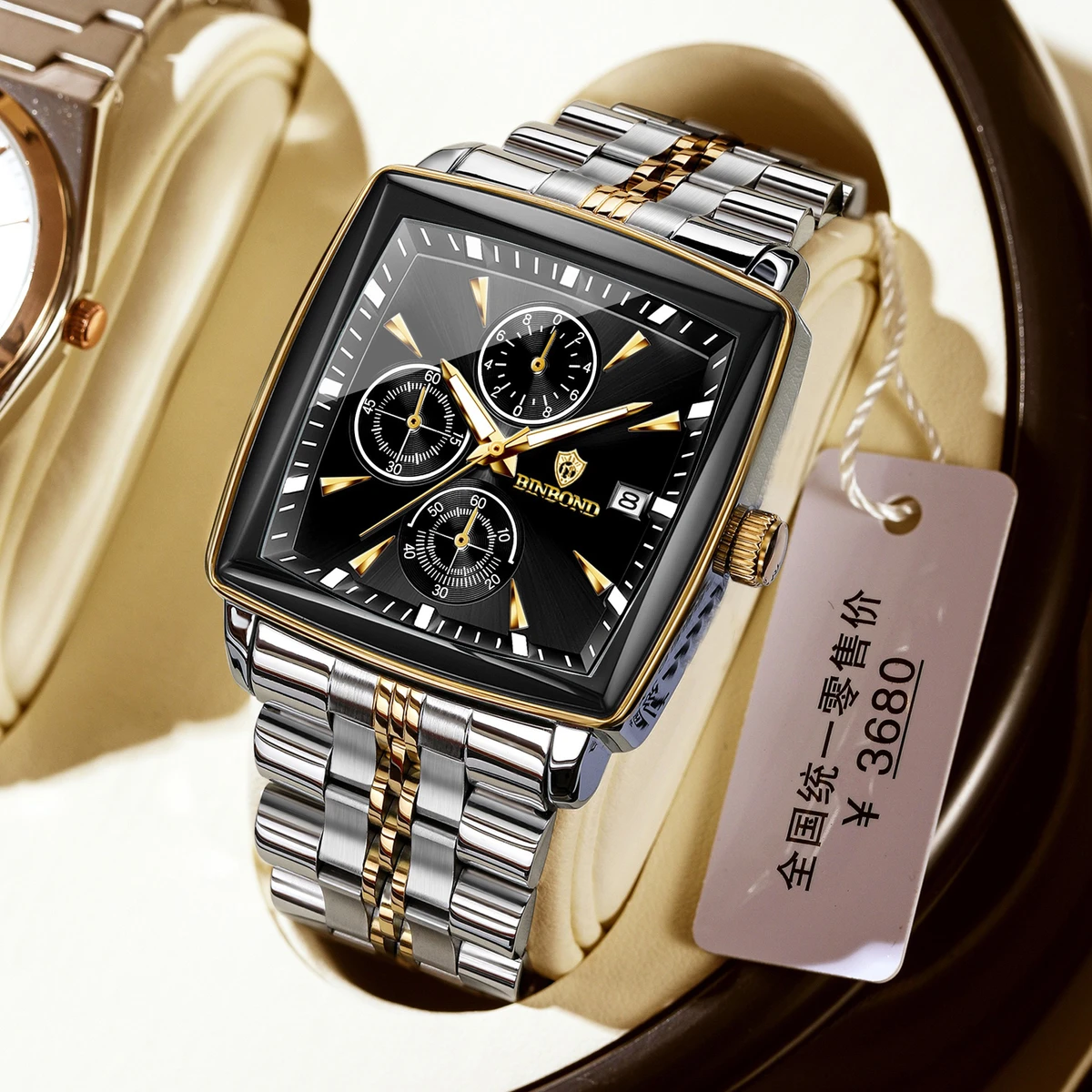 Binbond W0094 Luxury Business Man Wristwatch Non active Chronograph Waterproof Luminous Calendar Watch For Men Square Quartz Men's Watch - Black & Golden